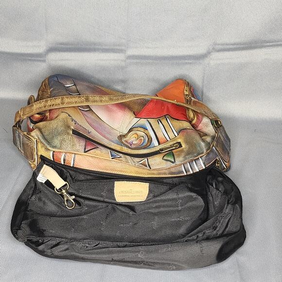Anuschka Hand Painted Leather Satchel Multicolor Abstract Designs Shoulder Bag - Picture 4 of 12